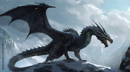 sleek black dragon on top of a mountain