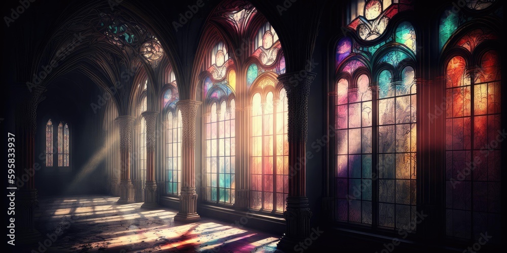 Sunlight shines through high stained glass windows in church. superlative generative AI image. - obrazy, fototapety, plakaty 