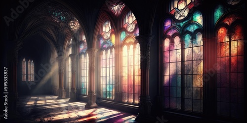 Foto Sunlight shines through high stained glass windows in church