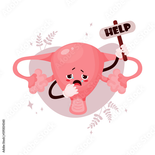 Sad female cartoon uterus. Suffering of diseased human reproductive organ. Cute character crying and asking for help. Vector illustration. Disease and pain attack concept.