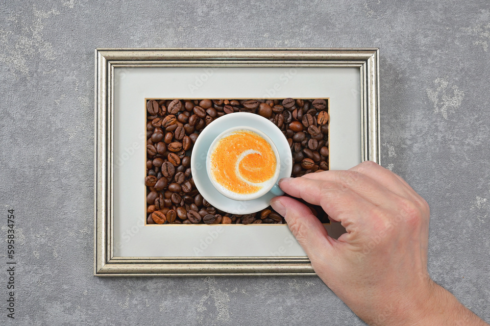 Hand Holding Cup Of Cappuccino Coffee Inside of Classic Frame
