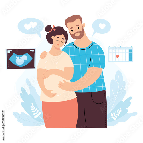 Happy family. Light skinned couple expecting baby. Pregnant woman and husband with first photo of ultrasound of child. Vector illustration. Future parents, pregnancy motherhood, parenthood concept.