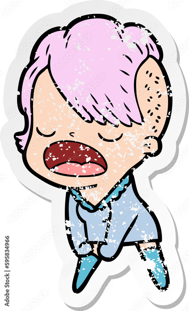 distressed sticker of a cartoon cool hipster girl talking distressed sticker of a cartoon cool hipster girl talking