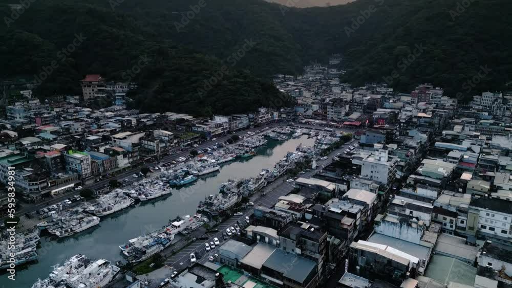 Nanfang'ao Nanfangao Fishing Port Harbor at Sunset 南方澳漁港 Taiwan East Coast Yilan County, Aerial Drone Dolly, Fishing Town surrounded by Mountains Nanfang'ao Nanfangao Fishing Port Harbor at Sunset 南方澳漁港 Taiwan East Coast Yilan County, Aerial Drone Dolly, Fishing Town surrounded by Mountains