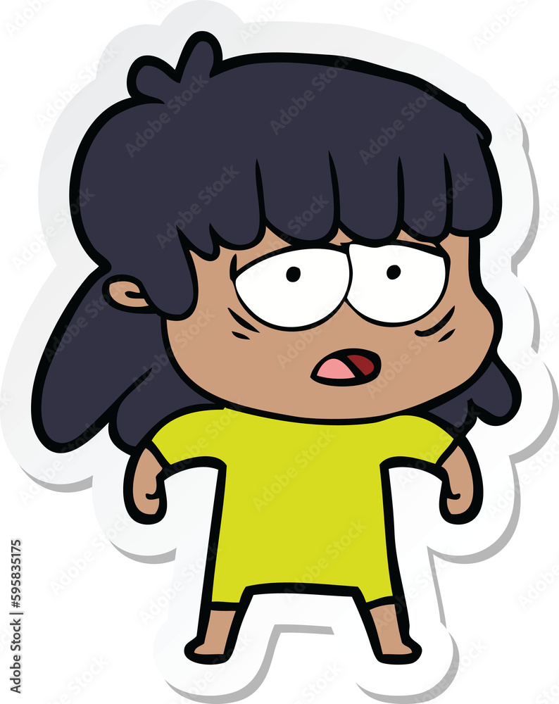 sticker of a cartoon tired woman sticker of a cartoon tired woman