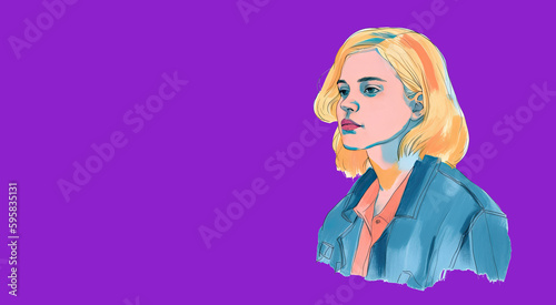 Trendy blonde woman in blue and pink t-shirt or jacket. Minimalistic illustration. Generative AI