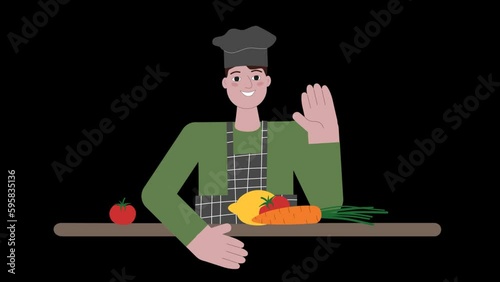 Smiling cook chef in black uniform animated. Seamless animation of a male cook waiving his hand in front of the table with fresh vegetables. 4k video on transparent background with alpha channel.