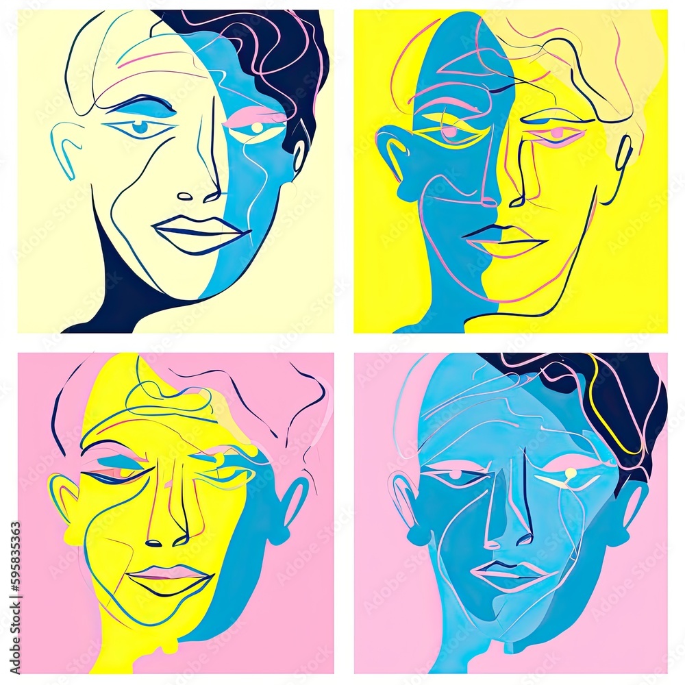 Human colourful faces on colored background. Generative AI
