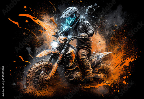 Watercolour abstract paintingof an off-road motorcyle and rider where the motorbike is driving through mud, dirt and water at an extreme sport event, computer Generative AI stock illustration image photo