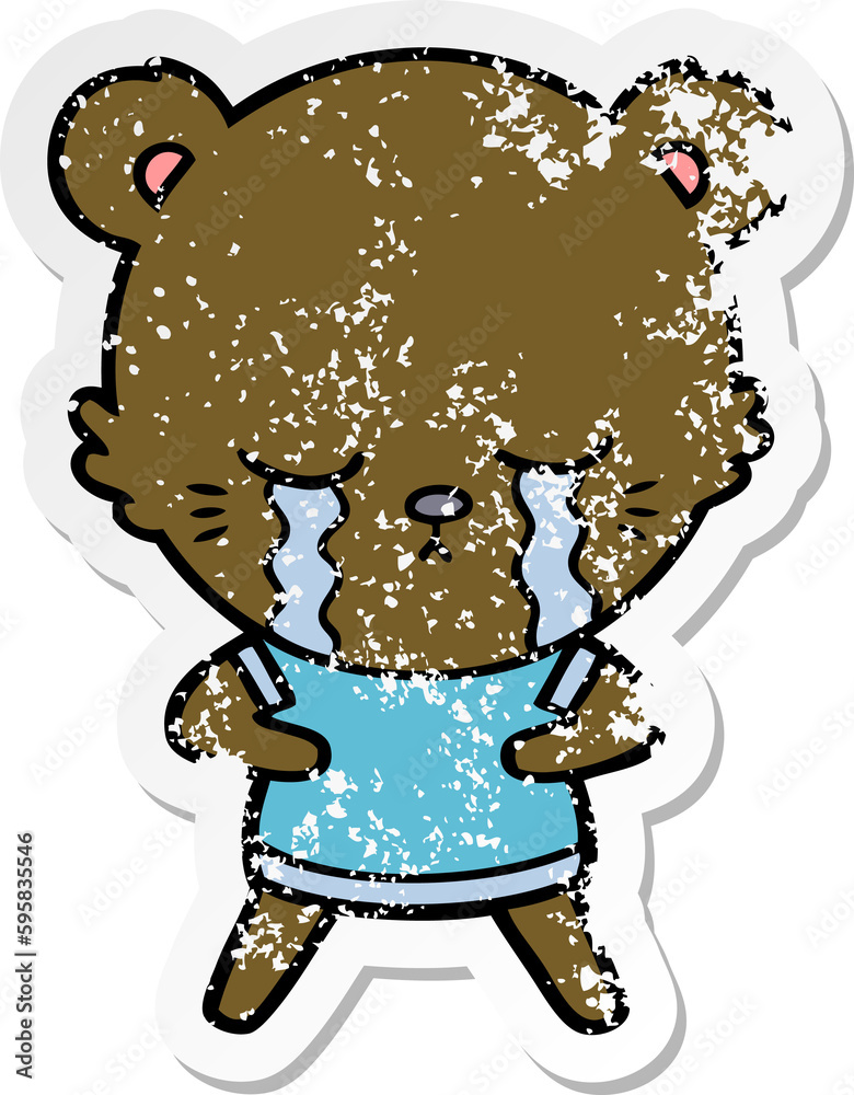 distressed sticker of a crying cartoon bear