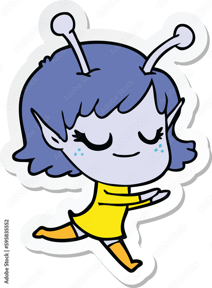 sticker of a smiling alien girl cartoon sticker of a smiling alien girl cartoon