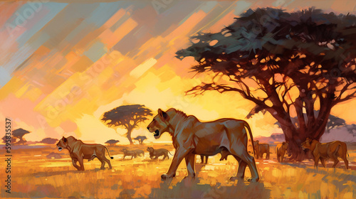 Watercolor illustration that shows a herd of lionesses walking in front of the sunset across the savannah - ai generative