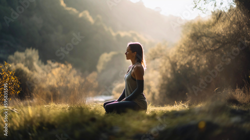A person practicing yoga in a peaceful natural setting, using the power of movement and breath to cultivate physical and mental wellness, Created with generative Ai Technology. © Roberto