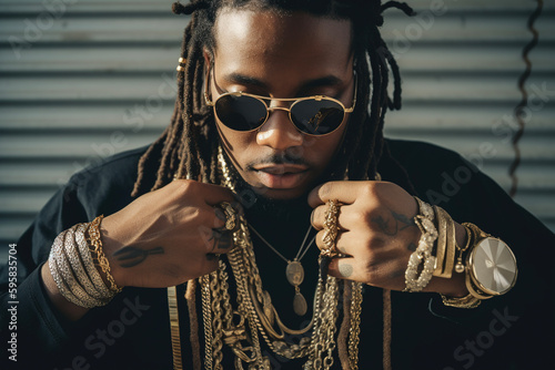 Rapper wearing golden jewelry. AI