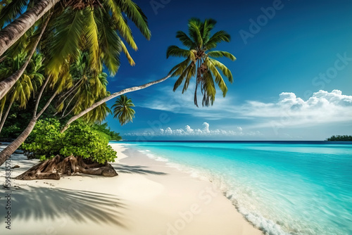 Beach with palm trees. AI