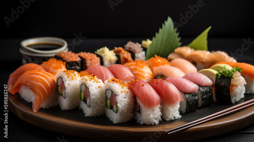 Sushi set on a plate, dark background. AI 