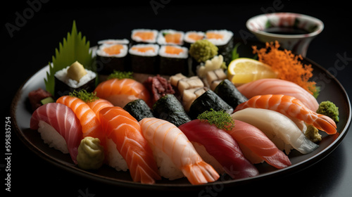 Sushi set on a plate, dark background. AI 