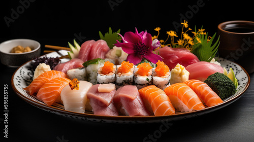 Sushi set on a plate, dark background. AI 