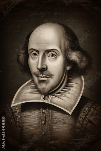 William Shakespeare engraved portrait of the famous English Elizabethan playwright and bard from Stratford Upon Avon born in the 16th century, computer Generative AI stock illustration image