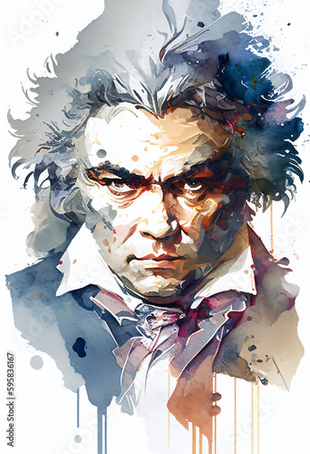 Ludwig van Beethoven watercolour painting of the famous German classical music pianist and musical opera composer, computer Generative AI stock illustration