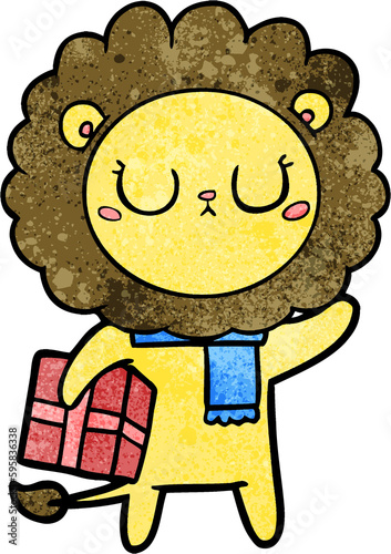 cartoon lion with christmas present