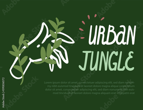 Poster urban or home jungle. Inscription. Tradescantia or liana braids the hand. Sample. Vector simple minimalistic cartoon hand drawn style.