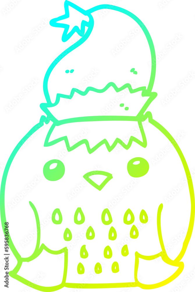 cold gradient line drawing of a cute cartoon owl wearing christmas hat cold gradient line drawing of a cute cartoon owl wearing christmas hat