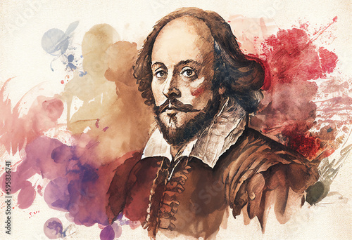William Shakespeare watercolour painting of the famous English Elizabethan playwright and bard from Stratford Upon Avon born in the 16th century, computer Generative AI stock illustration image photo