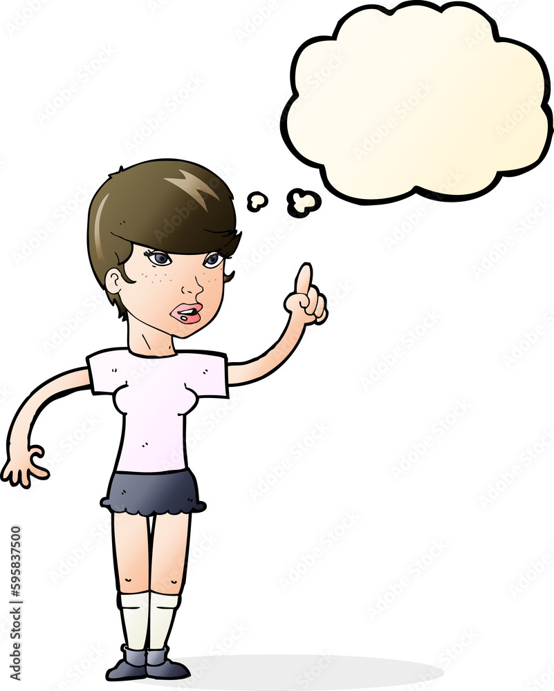 cartoon woman with idea with thought bubble cartoon woman with idea with thought bubble