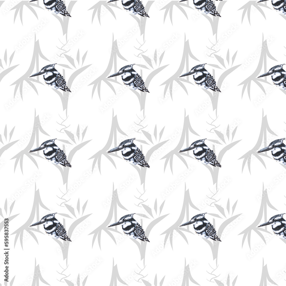Fototapeta premium Transparent Kingfisher Seamless Pattern, Vintage Bird Pattern with Grey and White Background, Digital Paper for Scrapbook, Cute Bird Print image, Beautiful Scrapbook Paper, Black and White 