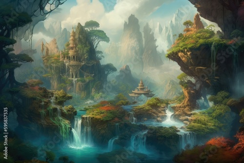 Fantasy landscape of floating islands  with cascading waterfalls and enchanted flora and fauna. Generative AI