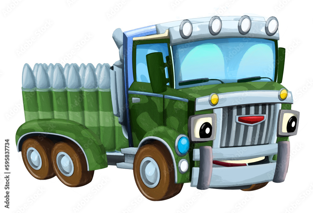 cartoon happy and funny off road military truck isolated artistic painting