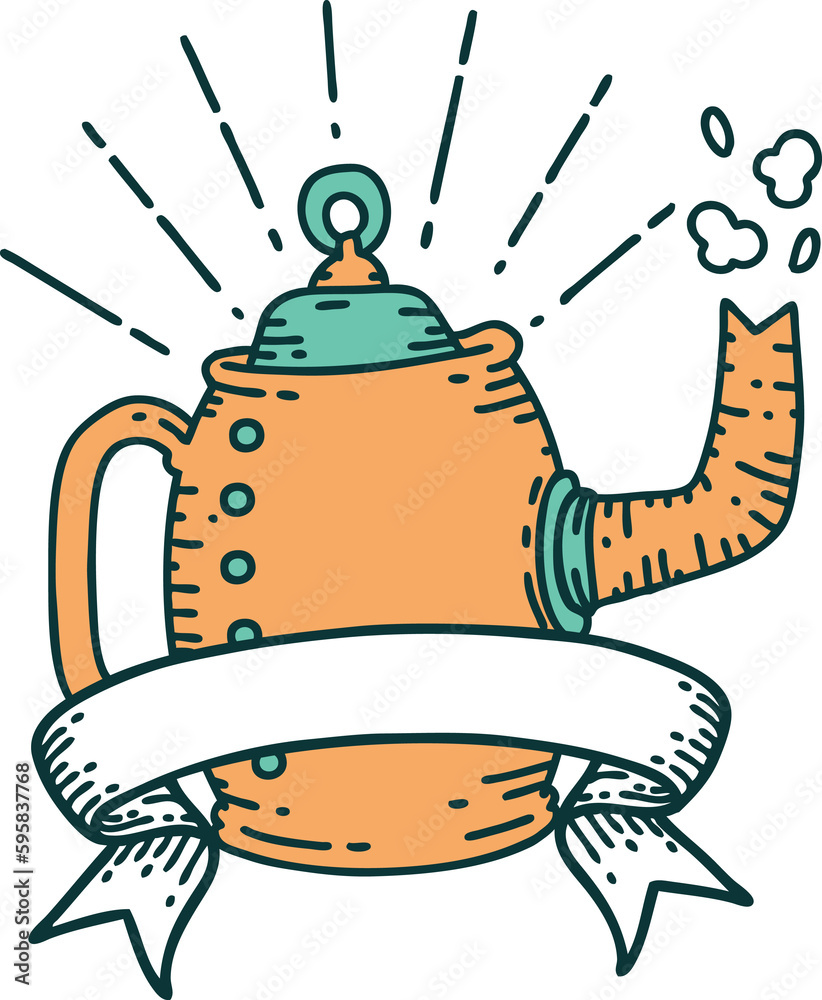 scroll banner with tattoo style old coffee pot steaming scroll banner with tattoo style old coffee pot steaming