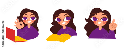 The girl is studying. Cartoon, colored, young girl. Vector illustration.