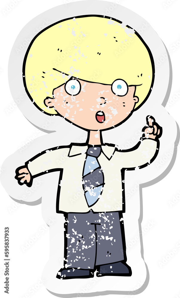 retro distressed sticker of a cartoon school boy answering question retro distressed sticker of a cartoon school boy answering question