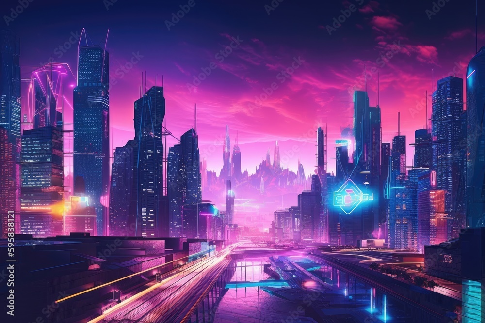 Futuristic cityscape at dusk, with towering skyscrapers and neon lights casting a colorful glow across the urban landscape. Generative AI