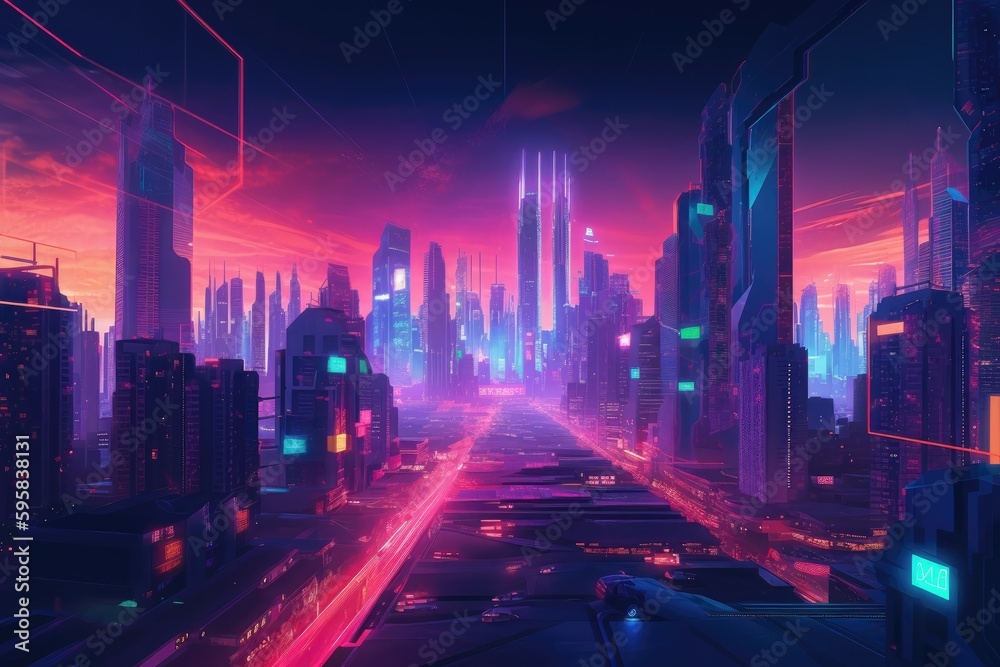 Futuristic cityscape at dusk, with towering skyscrapers and neon lights casting a colorful glow across the urban landscape. Generative AI