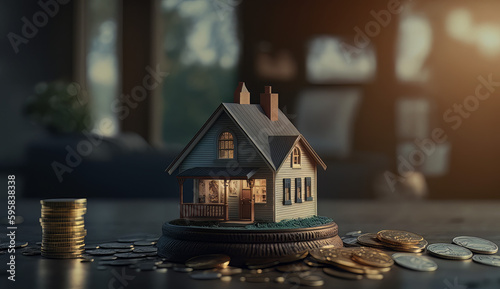 House model and coin holder money on the table for finance and banking concepts. Property investment mortgage and home rental concept earning from home