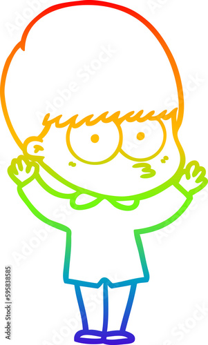 rainbow gradient line drawing of a nervous cartoon boy