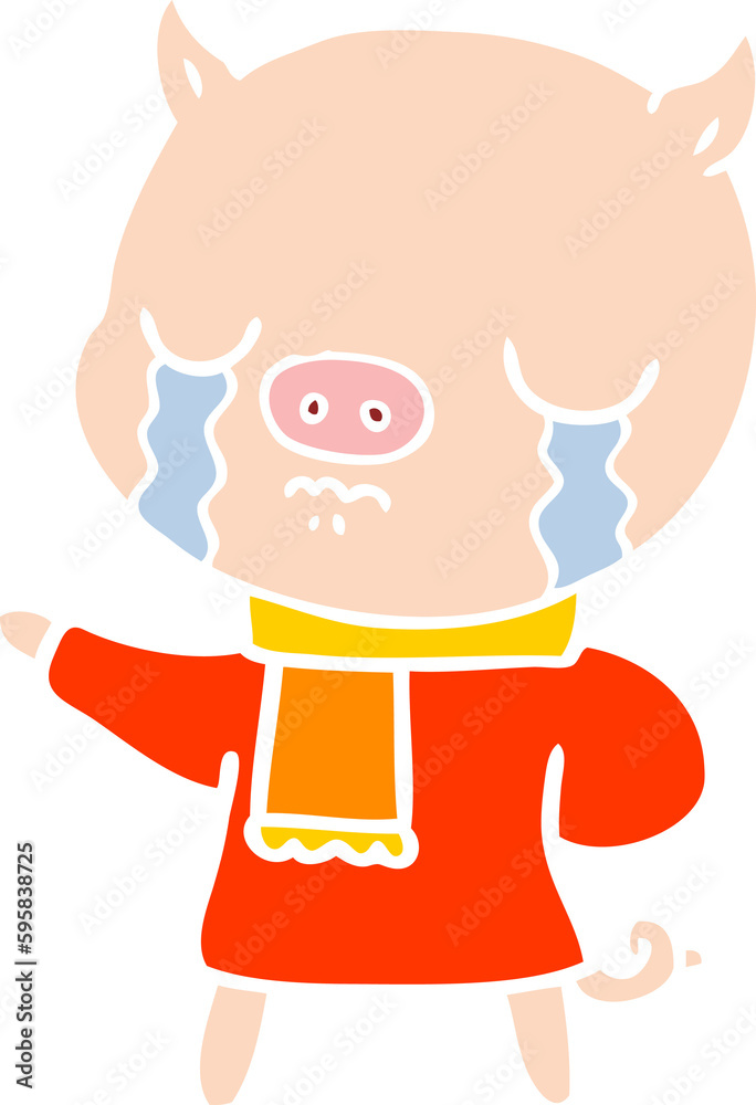 flat color style cartoon crying pig wearing scarf