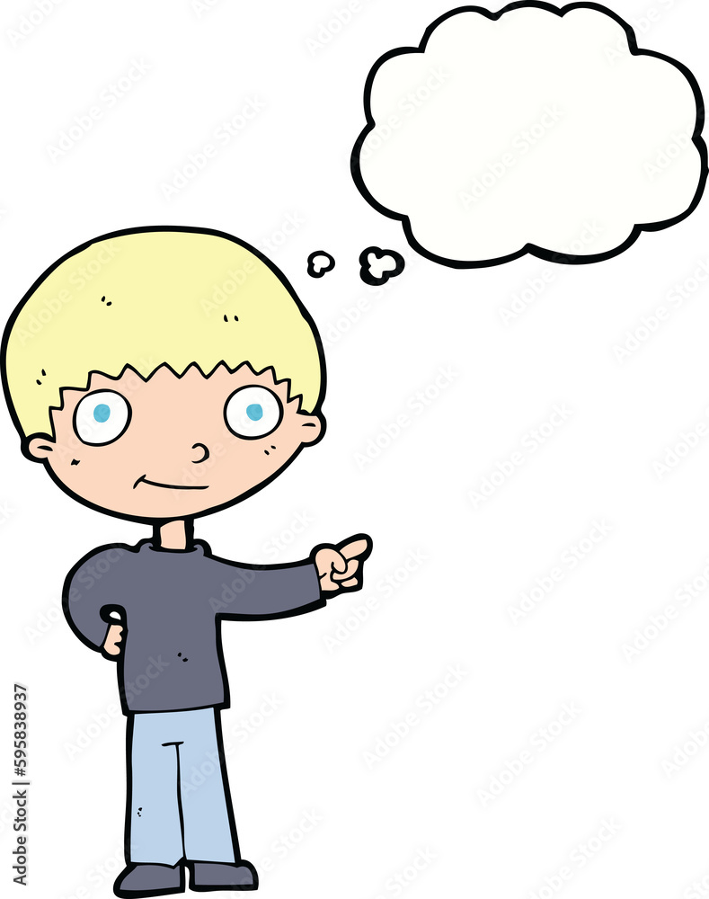 cartoon happy boy pointing with thought bubble cartoon happy boy pointing with thought bubble