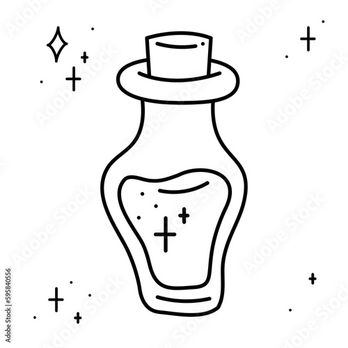 A magical potion in an unusually shaped vial. Doodle vector illustration, clipart.