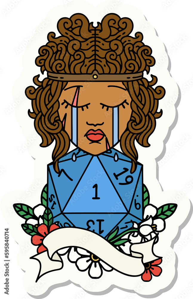 sticker of a crying human barbarian with natural one d20 roll sticker of a crying human barbarian with natural one d20 roll