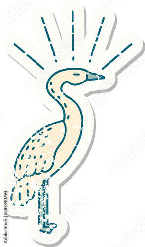 worn old sticker of a tattoo style standing stork