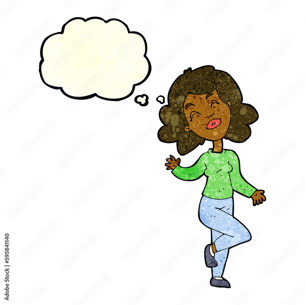 cartoon happy woman dancing with thought bubble cartoon happy woman dancing with thought bubble
