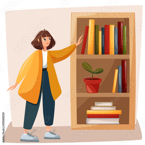 Personage, Woman, Girl with book in flat. Students who learn. Happy girl student with book. library books for student in flat style. Happy reader reading fiction. Dream Day festival in open library.  