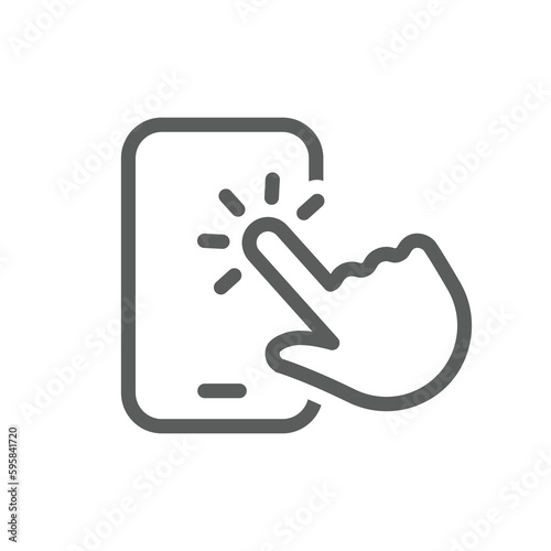 Phone touchscreen and hand line vector icon. Click, tap smartphone screen outline symbol.