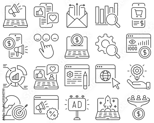 Digital marketing thin line icon set. Social media, advertising, e-mail marketing, e-commerce, online shopping, conversion, start up, promotion. Vector illustration