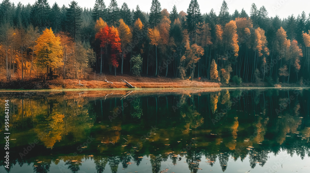 Fototapeta premium The autumn forest is reflected in the river, generative AI.