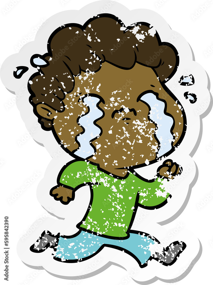 distressed sticker of a cartoon man crying distressed sticker of a cartoon man crying